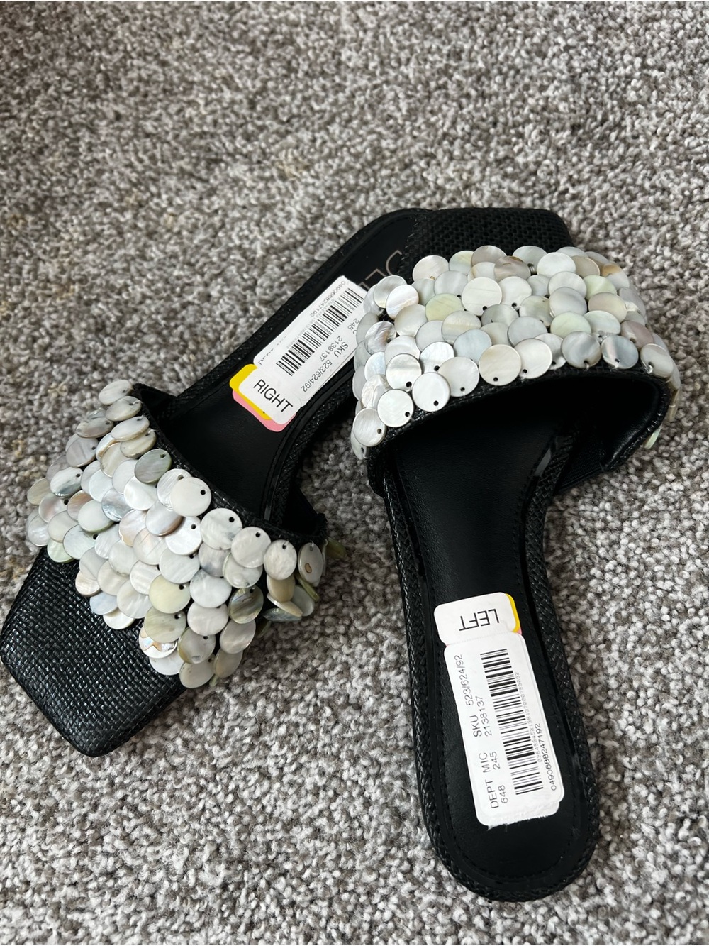 Delta Black Slide Mules with Iridescent Shell Discs